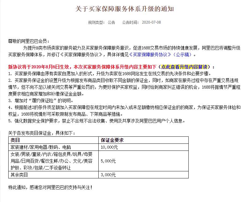 關(guān)于阿里巴巴中國(guó)站買(mǎi)家保障服務(wù)體系升級(jí)的通知,賣(mài)家的保證金又提升了！